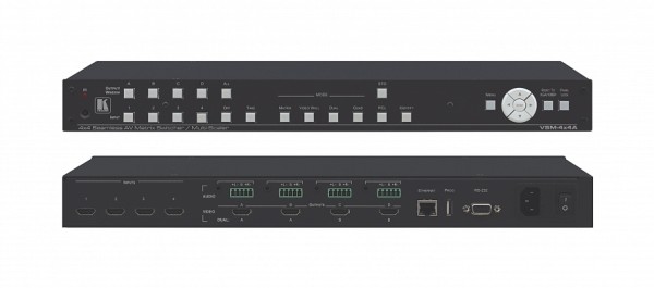 Матричный коммутатор Kramer Electronics [VSM-4x4A] 4x4 HDMI бесподрывный с масштабируемыми входами; балансные/небалансные аудиовыходы