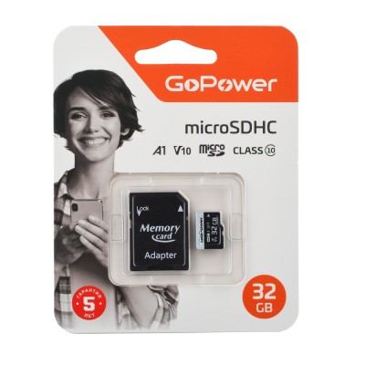 Карта памяти microSD GoPower 32GB Class10 60 МБ/сек V10 с адаптером GoPower 00-00025675