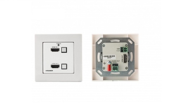 Коммутатор 2х1 Kramer Electronics WP-211T/EU-80/86(W) HDMI с автоматическим переключением; коммутация по наличию сигнала, поддержка 4K60 4:2:0, POE, выход HDBaseT, исполнение в виде настенной панели, цвет белый