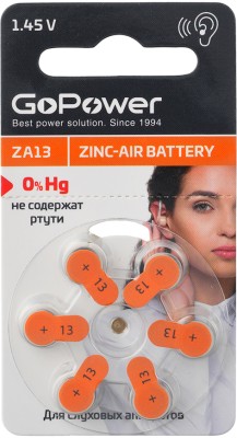 Батарейка GoPower ZA13 BL6 Zinc Air (6/60/600/3000) (6 шт.) GoPower 00-00022494