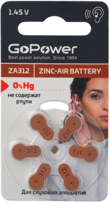 Батарейка GoPower ZA312 BL6 Zinc Air (6/60/600/3000) (6 шт.) GoPower 00-00022495