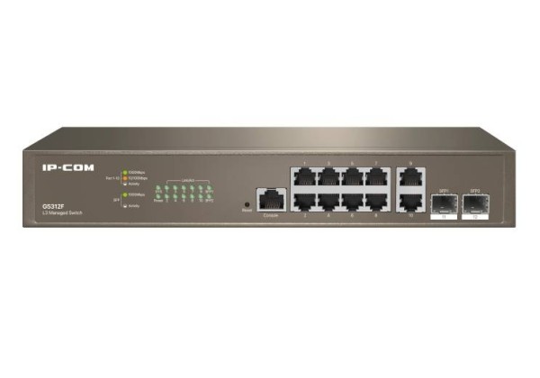 IP-COM G5312F Коммутатор управляемый L3, 12 портов, 10х1 Гбит/с, Base-X SFP 2х1 Гбит/с, настольный