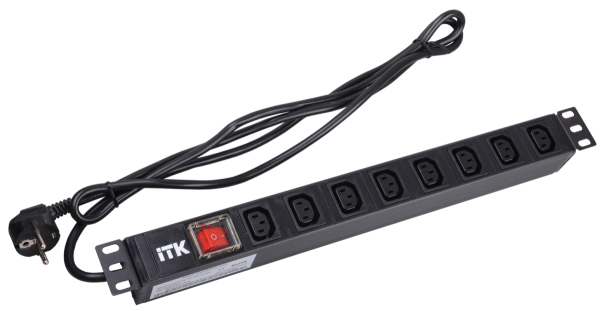 PDU 8 розеток C13 с LED выключателем,1U, шнур 2м вилка нем.стандарт ITK PH12-8C131