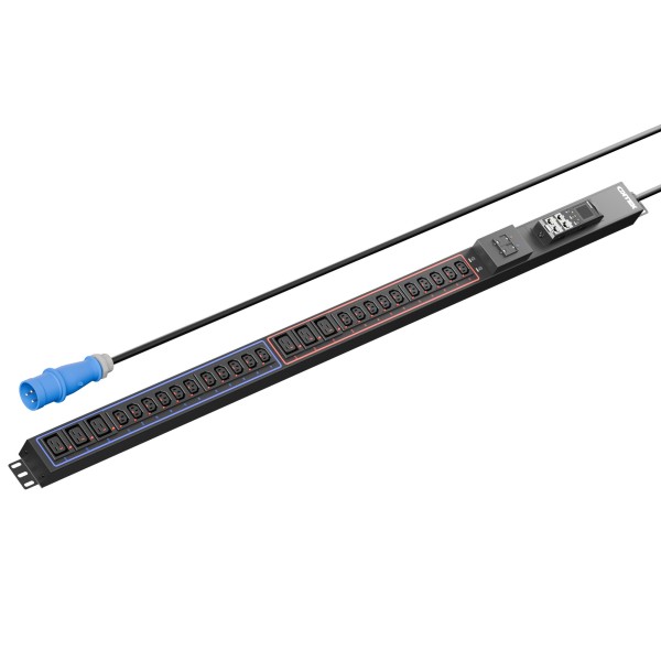 Панель распределения ONTEK PDU Metered Input ОМРВ2 вертикальная c функцией удаленного мониторинга, 32A/1ф, с мини-выключателем 16А 2шт, выход - C13 x 21 шт. / C19 x 6 шт., IEC60309 3p