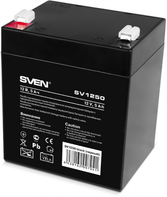 Батарея SVEN SV 1250 (12V 5Ah), напряжение 12В, емкость 5А*ч, макс. ток разряда 80А, макс. ток заряда 1.5А, свинцово-кислотная типа AGM, тип клемм F1 Sven SV-0222005