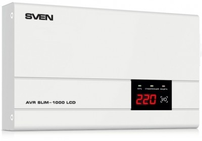 Стабилизатор SVEN AVR SLIM-1000 LCD, релейный, 800вт, 1000Ва, 140-260в, функция «пауза», 1 евророзетка, 2.9 кг. SVEN AVR SLIM-1000 LCD