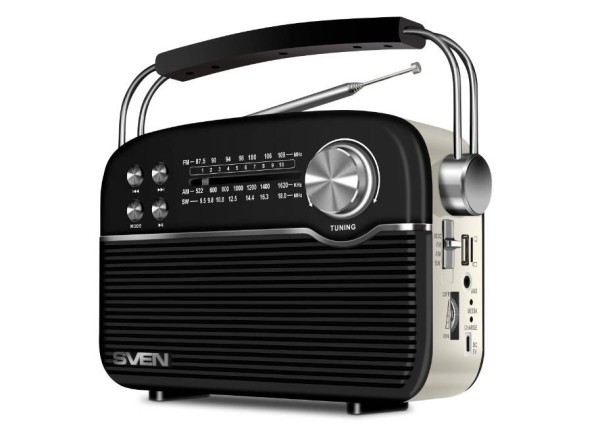 SVEN АС SRP-500, черный (3 Вт,Bluetooth, FM/AM/SW, USB, microSD, AUX,  встроенный аккумулятор)