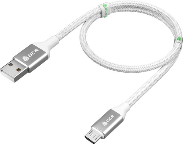 GCR QC Кабель 1.0m MicroUSB, быстрая зарядка, белый нейлон, AL корпус серебро, белый ПВХ, 28/24 AWG, GCR-52468 Кабель Greenconnect 1 м (GCR-52468)