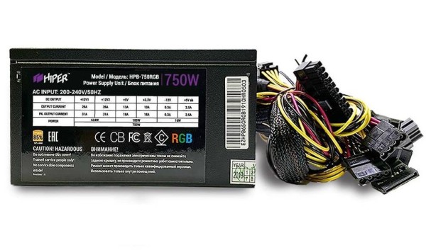 Блок питания HIPER HPB-750RGB <750W, (20+4+4+4) pin, 2x(6+2) pin, 5xSATA, 4xMolex, 14 см, 80 Plus, без кабеля питания, A