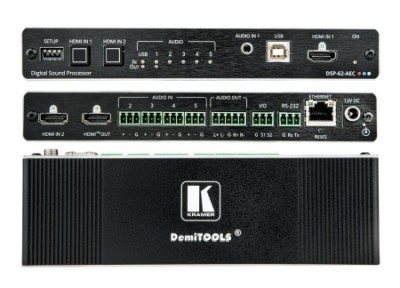 Процессор цифровой обработки звука со встроенным микшером и коммутатором аудиосигналов; поддержка PoE Kramer DSP-62-AEC