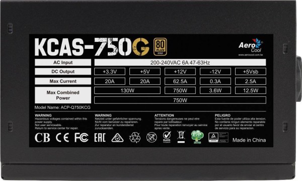 Блок питания Aerocool KCAS-750G <750W, (20+4+4+4) pin, 4x(6+2) pin, 7xSATA, 4xMolex, FDD, 14 см, кабель питания, 80+ Gol
