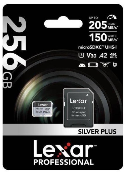 Флеш карта microSD 256GB Lexar Professional SILVER PLUS microSDXC UHS-I U3 V30 A2, 205/150 Mb/s (SD адаптер)