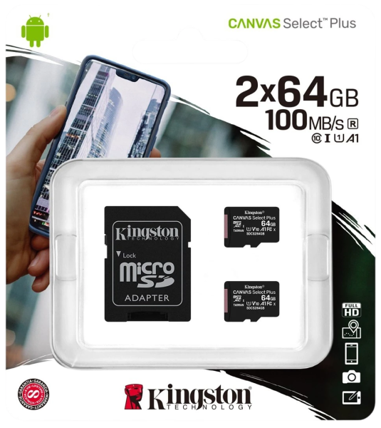 Карта памяти Kingston 64GB  micro SDHC Canvas Plus 100R A1 C10 Two Pack + Single ADP Kingston SDCS2/64GB-2P1A