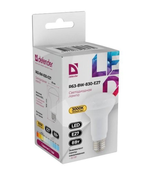 Defender Лампочка светодиодная R63-8W-830-E27 рефлектор, 3000 К, теплый белый, 1 шт.