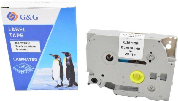 Картридж ленточный G&G, аналог Brother TZE221 черный на белом 9х8