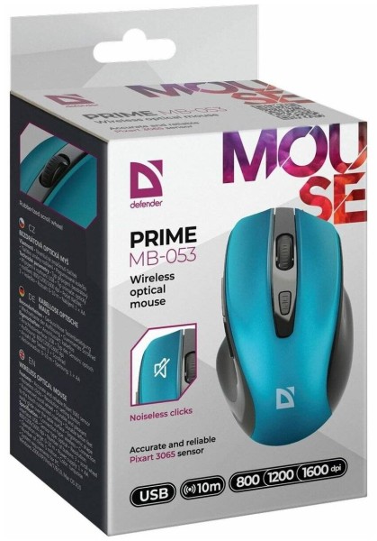 Defender Мышь беспроводная оптическая Prime MB-053, USB, 800/1200/1600 dpi, бирюзовый.