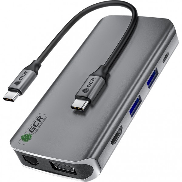 GCR TypeC Hub 10 в 1 HDMI + VGA + RJ45 + USB3.0 x3 + Card Reader + Audio + TypeC PD Greenconnect GCR-VHUSDA45