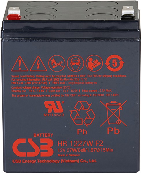 Батарея CSB серия GP, HR1227W F2, напряжение 12В, емкость 7.5Ач (разряд 20 часов), 27 Вт/Эл при 15-мин. разряде до U кон. - 1.67 В/Эл при 25 °С,  макс. ток разряда (5 сек.) 130А, ток короткого замыкания 424А, макс. ток заряда 2.7A, свинцово-кислотная типа