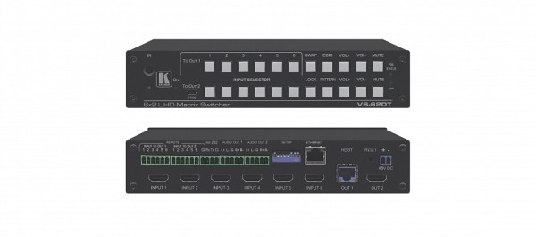 Матричный коммутатор Kramer Electronics [VS-62DT] 6х2 HDMI; выходы на витую пару HDBaseT / HDMI, поддержка 4К60 4:2:0, поддержка PoE