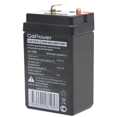 Аккумулятор свинцово-кислотный GoPower LA-430 4V 3Ah (1/20) Аккумулятор свинцово-кислотный GoPower LA-430 (00-00018350)