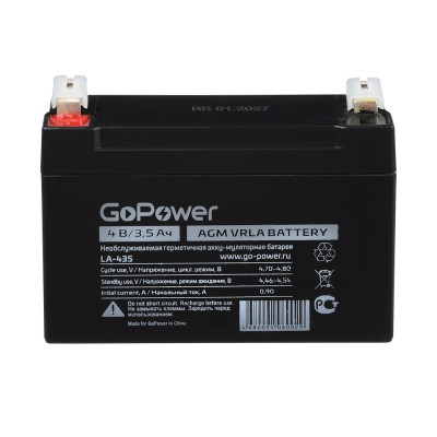 Аккумулятор свинцово-кислотный GoPower LA-435 4V 3.5Ah (1/20) Аккумулятор свинцово-кислотный GoPower LA-435 (00-00015320)