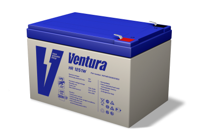 Батарея Ventura серия HR, HR1251W, напряжение  12 В, емкость 12Ач (разряд 20 часов), макс. ток заряда 4А, макс. ток разряда (5 сек.) 195А,  свинцово-кислотная типа AGM,  клеммы  Т2, ДШВ  151x98x101мм, вес 3.57кг Ventura HR 1251W